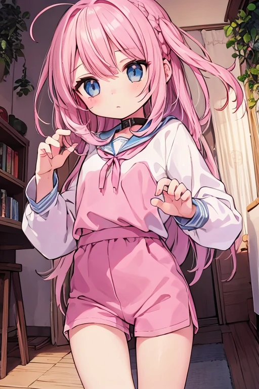 Beautiful illustrations, highest quality、On the bed、Lying on your back、 (12-year-old girl:1.4)、(pretty girl:1.5)、、Flat Chest、Sailor collar、(White long tunic)、Long sleeve sailor suit、Blue-line cuffs、(Pink Chino Shorts:1.7)、(Pink shorts with wide openings:1.6)、Gap between thigh and pants、Thin thighs、White socks、 Cinema Lighting, (Pink Long Hair)、Pink Straight Hair、Redness on the cheeks、(Braiding of the back of the head)