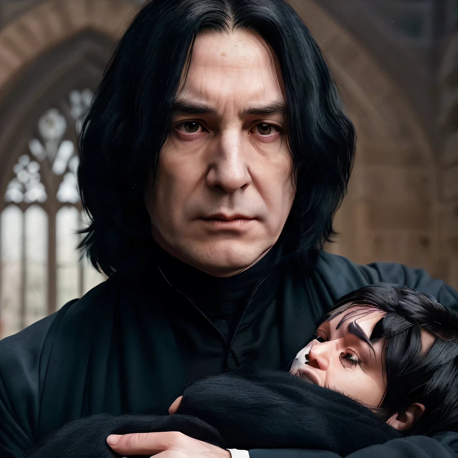 Harry Potter and The Deathly Hollows Film accurate Severus Snape played age 40 with all long black hair dark brown eyes large hooked nose with full bridge line between brows full face annoyed look on his face inside Malfoy Manor A long, flowing black cloak billows behind,