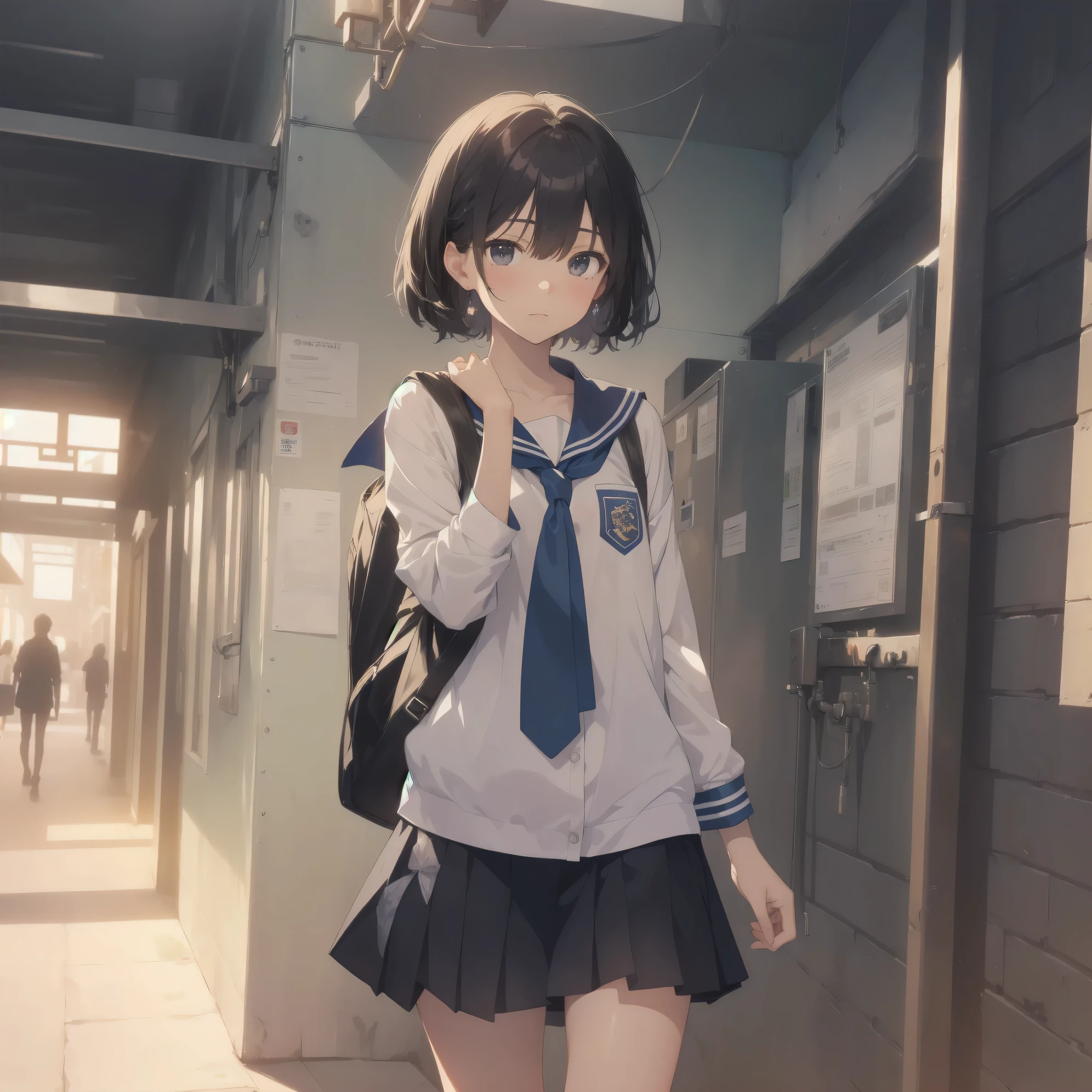 ultra-absurdres-Top quality by artist God, ultra-detailed, high resolution, anime moe artstyle, best anime 8k konachan wallpaper, pixiv contest winner, pool:2810, perfect anatomy,break, 1girl, (Please draw a girl walking sleepily to school alone. )break,(Solo,little female, 13-year-old:1.3),Full limbs, complete fingers,a junior high school student, (very short hair), short cut, flat chest, , small butt, small black eyes, beautiful detailed eyes, well-proportioned iris and pupils, expressive eyes, highres detailed hair, soft expression, salor school_uniform, sailor collar, serahuku, bow, pleated skirt,(Detailed Lighting), (Detailed background), in the School commute route. break,super detailed skin, Best cinematic lighting powered by famous artist, 8k,beauty illustration,photoshop_(medium),very aesthetic,break,((artist:shiseki hirame )), artist:clamp ,artist:carnelian ,artist:kantoku ,