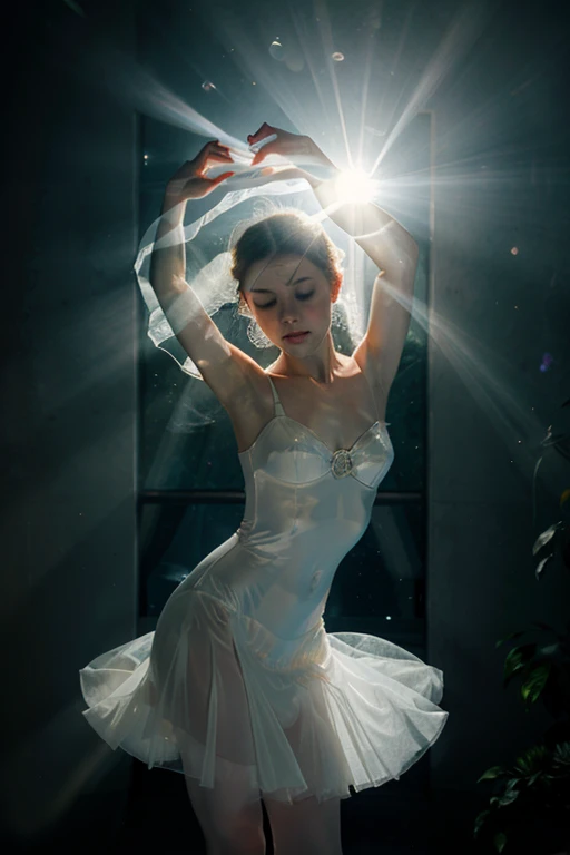 translucent ghost of a ballerina dancing in the rays of moonlight