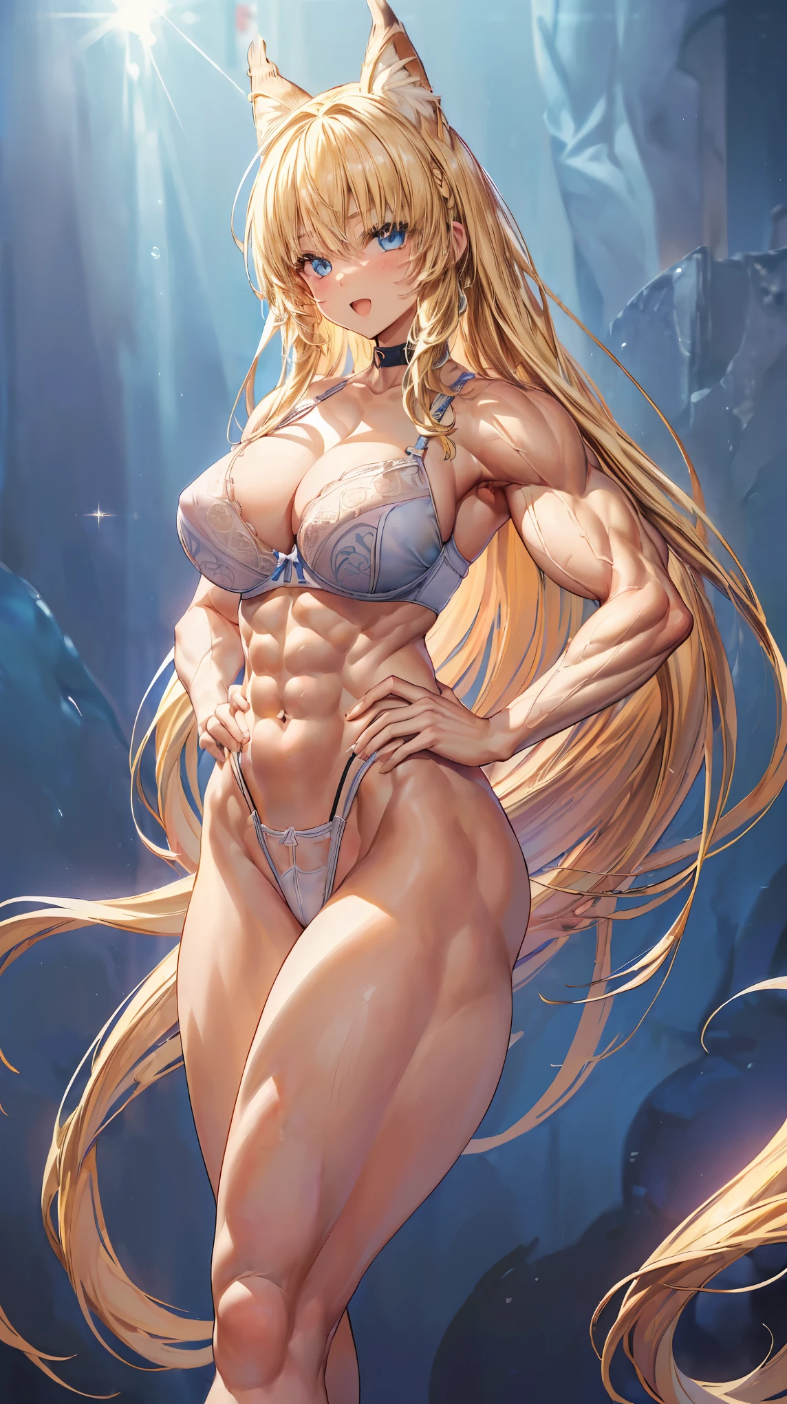 Very detailed、highest quality、Best image quality、masterpiece、8k、Anime Face、A kind smile、(Open your mouth:1.3)、Sparkling blue eyes、(Blonde semi-long hair:1.5)、(Muscles of the whole body:1.3)、(highleg:2.0)、Thigh belt、(Cowboy Shot:1.5)、(SFW Giant)、(Thick body:1.2)、(bra:1.5)、(sxspnts)、(Hands on hips:1.1)