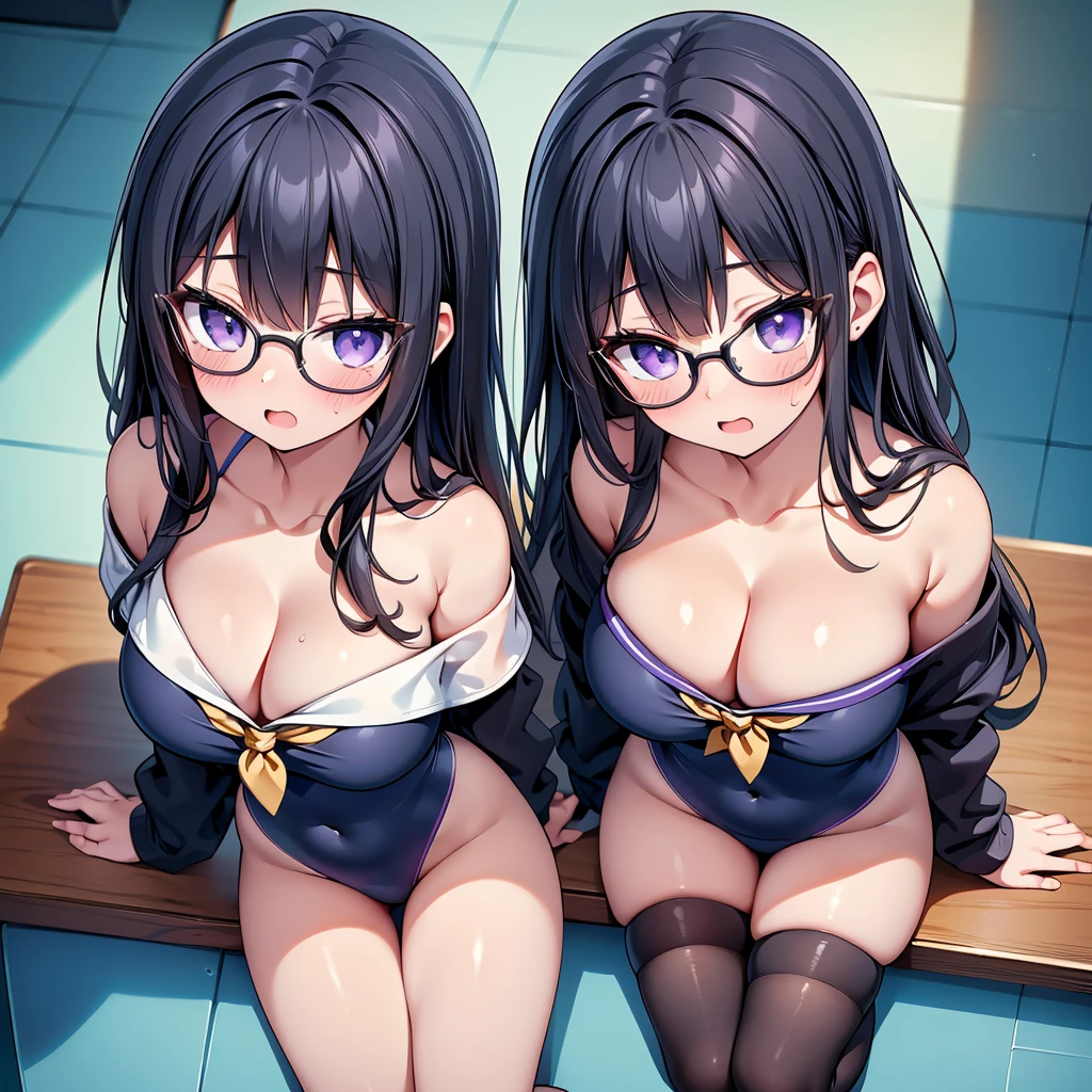 (cute eyes:1.2), (sparkling eyes:1.2), (8K、Best image quality、highest quality、masterpiece)、Detailed face、(2 girls)、Improve、(Black Hair, Purple Eyes, Glasses, long hair)、(open mouth), (embarrassed), (skinny body:1.3),(huge breasts:1.2), (off shoulder sailor swimsuit:1.2), (cleavage), (crop top navel), Sit on a chair, Classroom Background, (black stockings:1.1), (Thighs:1.1), (Waistline:1.1),(close-up shot of bust), (from above:2)