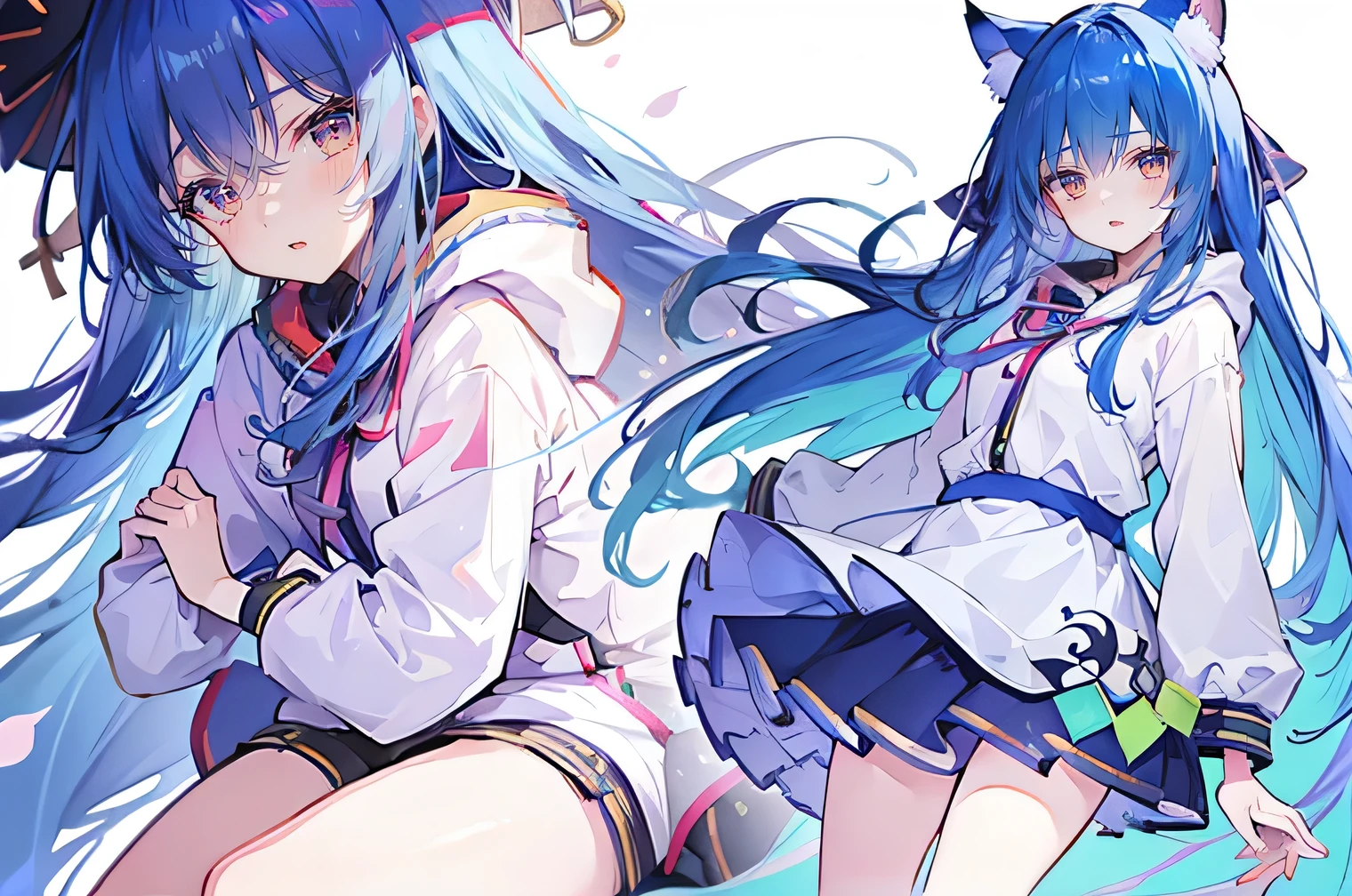 (masterpiece:1.2),Super detailed,lifelike,Expressive eyes,fair skin,perfect face shape,1 girl,
Japanese comics,Gorgeous blue hair,flowing blue hair,flowing clothes,Cat ears,Petals fall,beautiful lola,Baby Angel,
Shaking head with one hand,Cross your legs,Gentle and peaceful background,The pavilion is cool and comfortable,smile, wearing hoodie, background of tokyo,back views,snowing, winter.