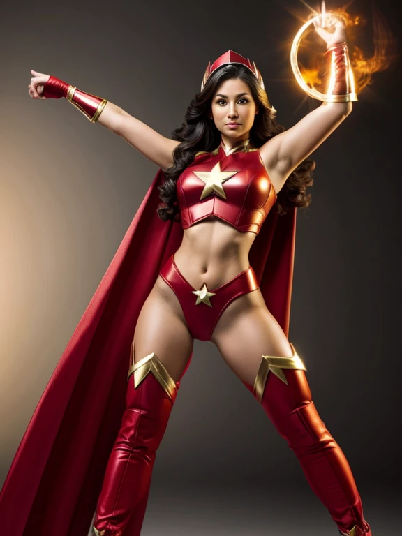 full Body photorealistic beautiful super Darna, wearing a red and gold star two piece outfit with star helmet