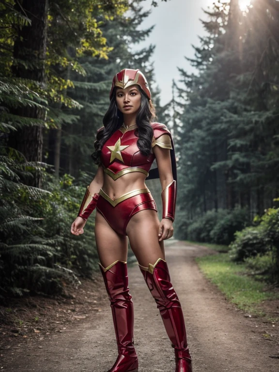 full Body photorealistic beautiful super Darna, wearing a red and gold star two piece outfit with star helmet
