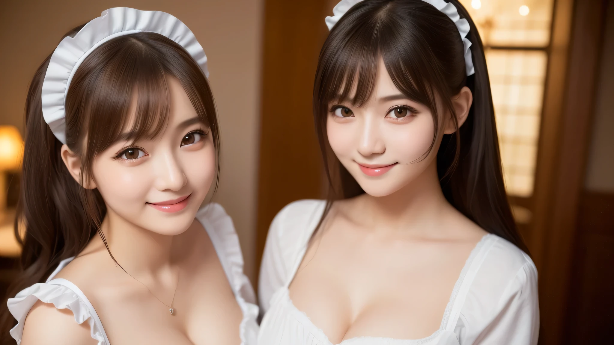 (2girl:1.3), (cute smile:1.2), (extremely detailed beautiful face), (highly detailed eyes, highly detailed face), (maid costume:1.2), Fresh, very clean appearance, (best Quality:1.4), (hyper-realistic, hight resolution), Professional Photography, standing, Indoor, (maid cafe), Close up portrait of girl, staring at me, cleavage, (Fine face:1.2),