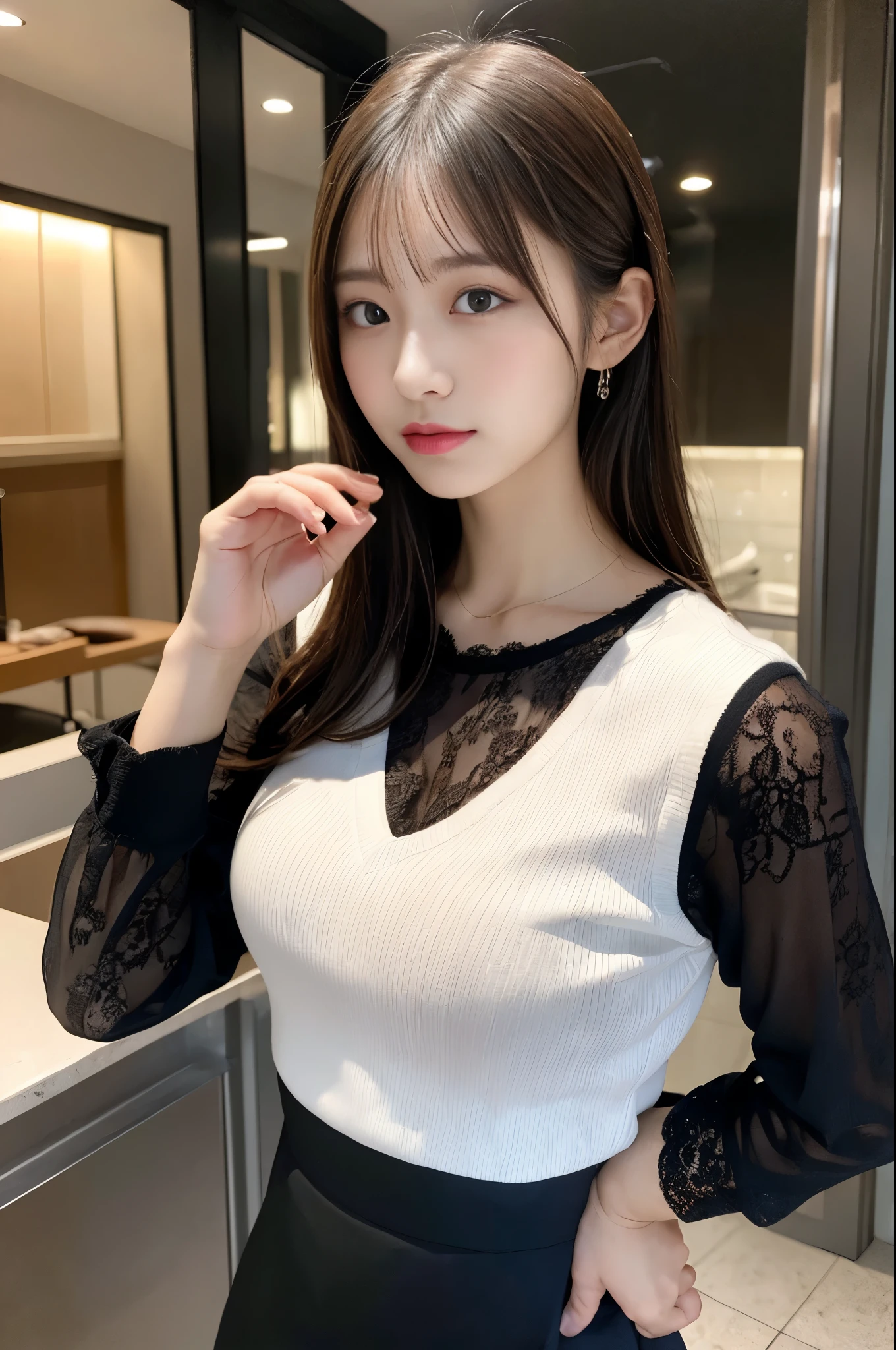 Tabletop, highest quality, shape, Very detailed, finely, High resolution, 8k wallpaper, 完璧なダイナミックな構shape, finelyて美しい目, Black long sleeve dress,Medium Hair, Small breasts, Natural color lip,She lifts her skirt with her hands to reveal her pink lace panties、 Random sexy poses,Aoyama, Tokyo、20-year-old girl,Narrow side,Slim figure,Blur the background
