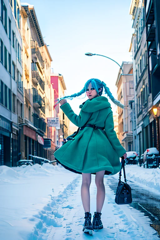 highest quality,Ultra-high resolution,One girl,alone,whole body,snow,city,, Blue Hair,Green Eyes,JK,,