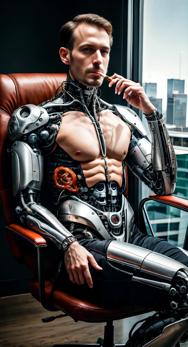 office in a skyscraper in a big city, a cyborg man sits in a luxurious chair and holds a smoking cigar in his hand, high quality, absurdity, masterpiece, Beautiful, complex parts, 1/2 body trimmings, Slim body, Beautiful figure, Magnificent Anatomy, (complex parts:1.12), HDR, (complex parts, hyper detail:1.15), (natural skin textures, hyperrealistic, soft light, spicy:1.2)
