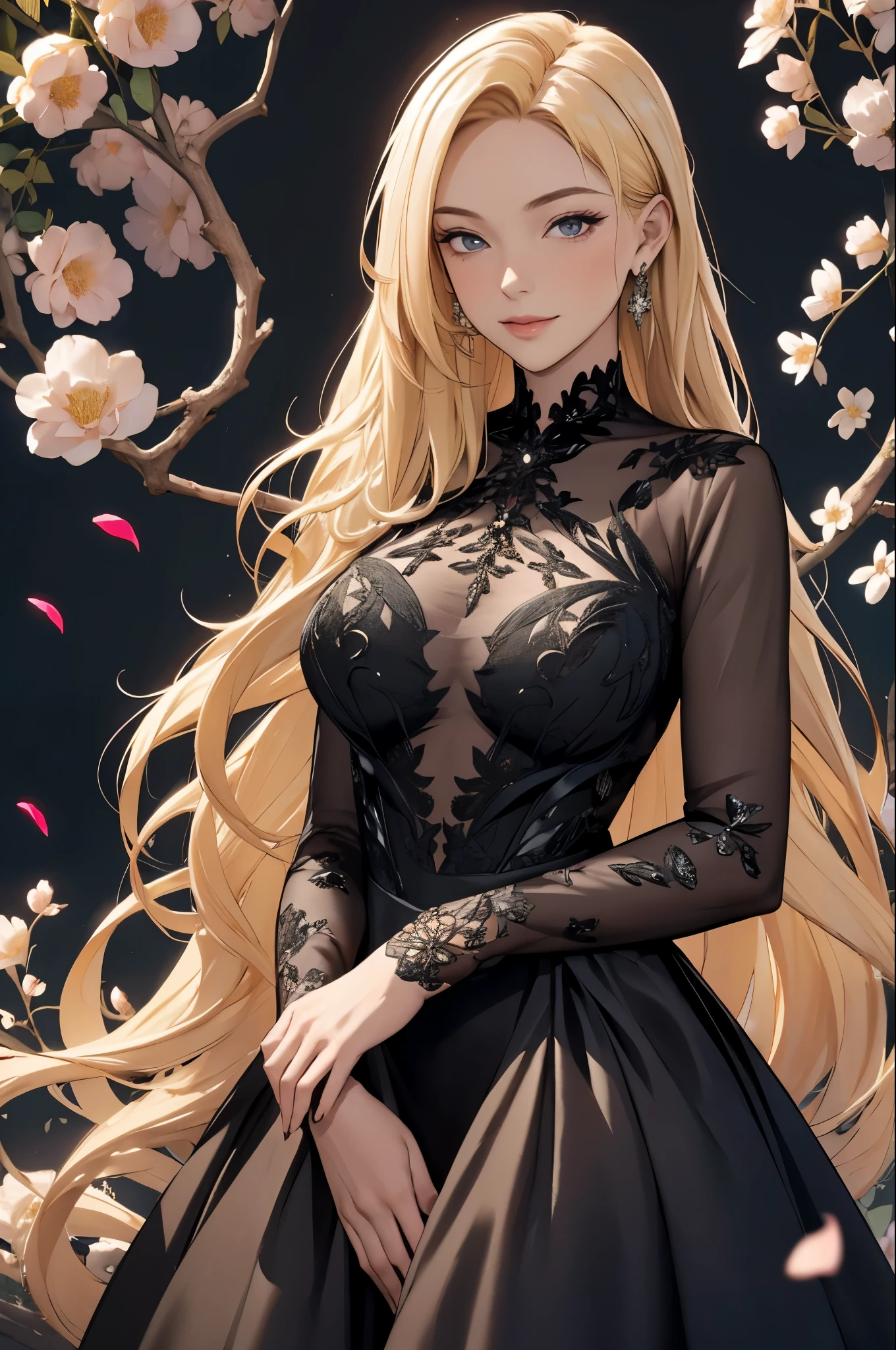 (masterpiece, best quality, ultra-detailed:1.3), 1girl, one arms behind head, (smile:0.5) edgPetal, a woman wearing a black dress made of flower petals, wearing edgPetal, garden background, dimly lit BREAK (long blonde hair), mid parted hair  