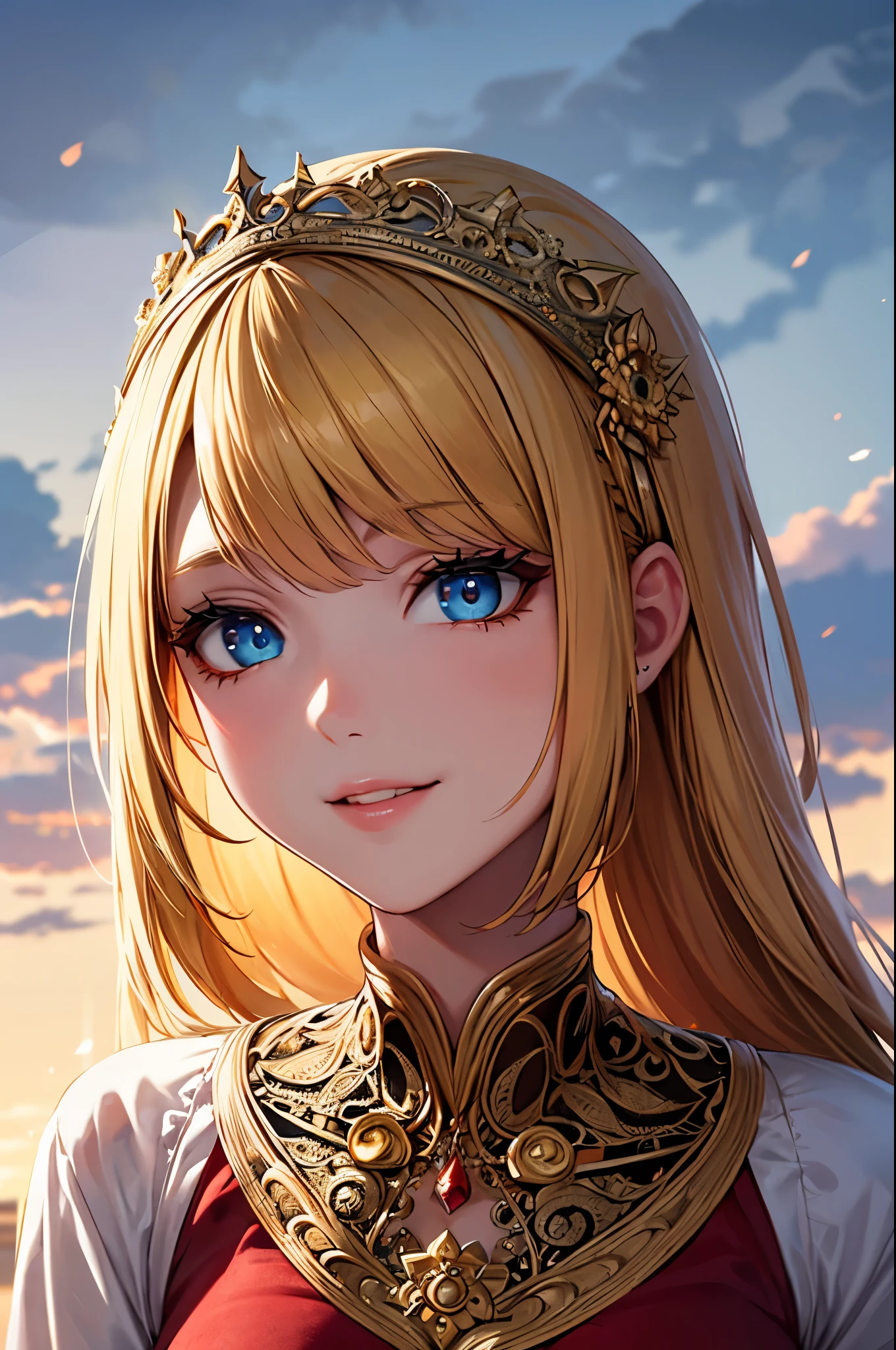 masterpiece, highest quality, highest quality, (Intricate and detailed:1.2), Beautiful Eyes, One girl, alone, Outdoor, blue sky, cloudy, Bokeh, Lens flare, anamorphic Lens flare, Depth of written boundary, Fascinating face, Captivating smile, henna_Ruin, Yellow Hair, Red headband,