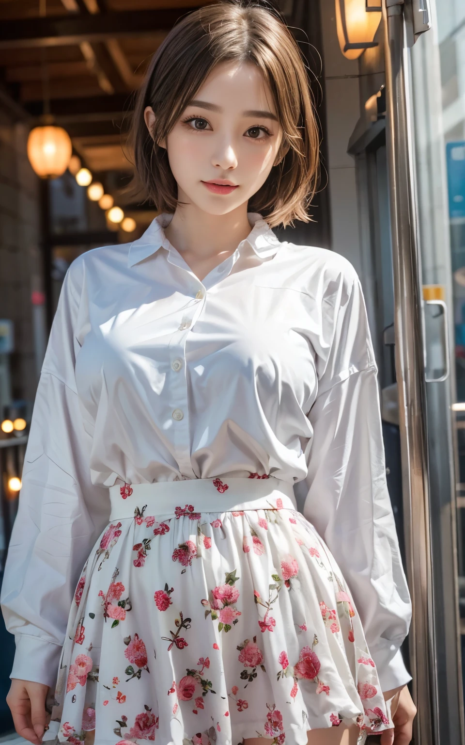 Cute 21 year old Japanese、shopping、Highly detailed facial features、Attention to detail、double eyelid、Beautiful thin nose、Sharp focus:1.2、beauty:1.4、(Light brown hair、short hair、)、Pure white skin、highest quality、masterpiece、超High resolution、(Realistic:1.4)、High resolution, Professional Lighting、nice smile、Please show me your whole body、skirt、Colorful spring clothes、A glimpse of the breast
