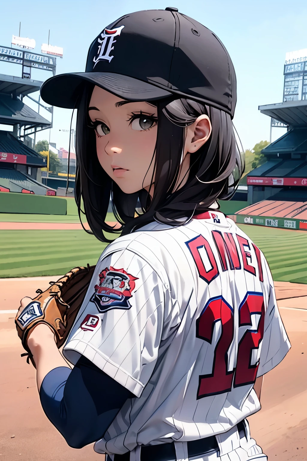 neocoill, masterpiece, best quality, 1girl, Tigers baseball uniform, solo, Tigers baseball mitt, Tigers baseball cap, hat, baseball, sky, Background of Koshien Stadium、Hanshin Tigers uniform、Japanese、Women&#39;s athletes、Slightly chubby、Fighting、Beautiful expression、Medium hairstyle、Vertical striped uniform、Japan&#39;s Hanshin Tigers uniform、Japanese、Batter、Hitting the ball、Dynamic Images、