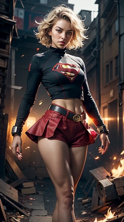 "((best quality,best illumination)), beautiful model with short hair and athletic body, wearing Supergirl cosplay, skirt shorts, accentuated and highlighted breasts, dynamic pose, colorful background, high saturation, vibrant lights."