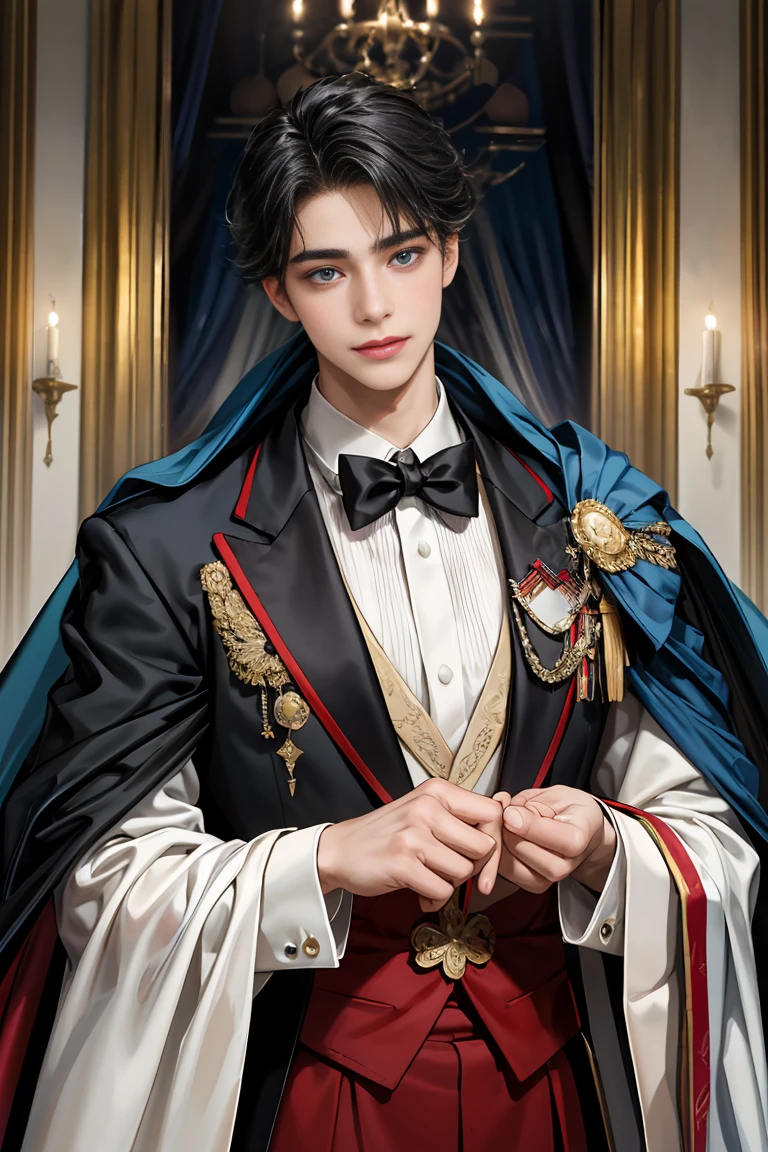 masterpiece, 最high quality, high quality, 1 boy, alone, Male focus, Watching the audience, Messy black hair, Adorable big blue eyes, White, Noble, Noble, Tuxedo、A very voluminous, large, very large, very large, long, long red and black cape with a high stand-up collar, reaching down to the floor, made of a lot of fabric., ,Cute beautiful boys,Cute, cute, gentle smiling handsome man