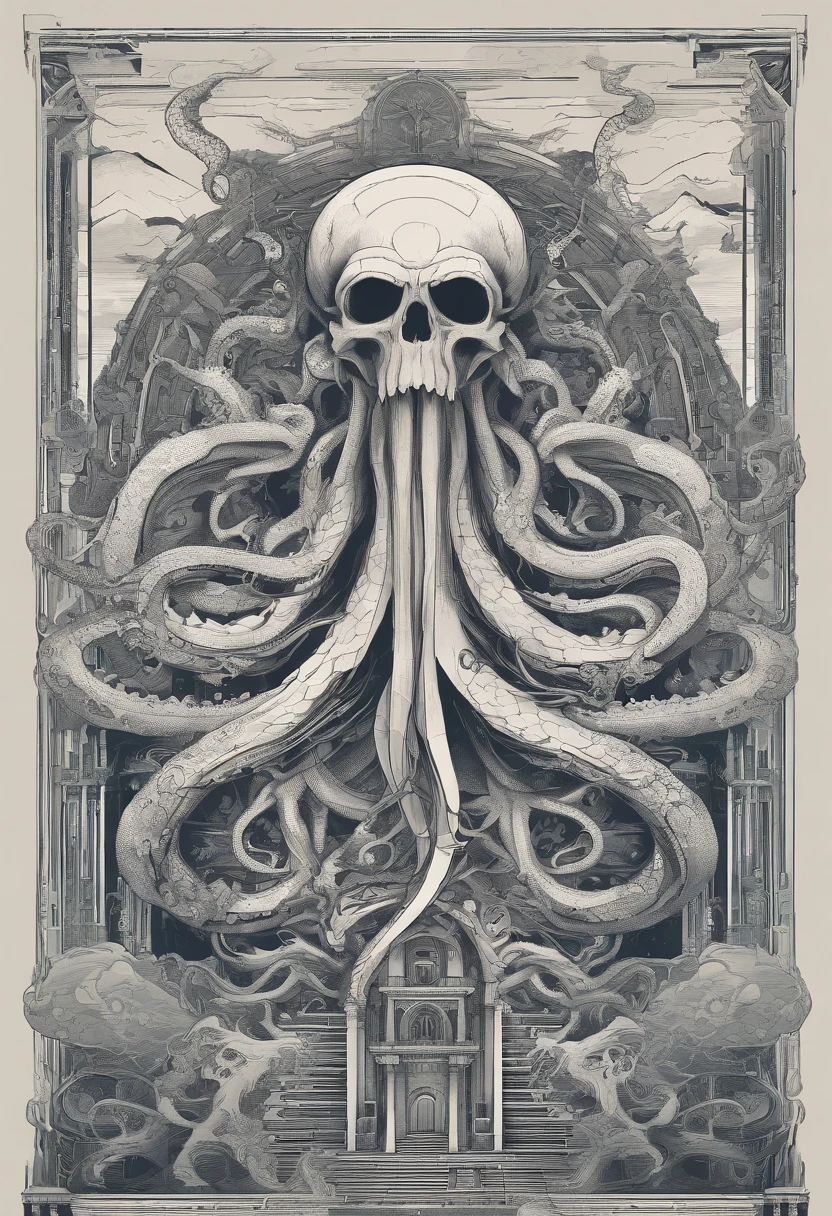 Cthulhu,Final Boss,Giant monster,Octopus-headed giant,A transparent brain,Dragon and skull motifs,Nightmares and Madness,Fog and illusion,Background of the sunken ancient temple,Very detailed,8k