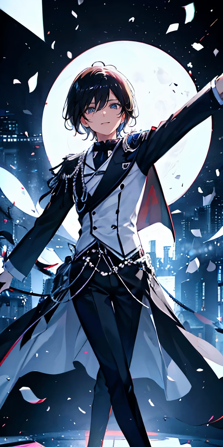 (Mastepiece), (Best Quality), Very detailed, ((1 boy)), Perfect Face, Beautiful Face, Very detailedな顔,((Black and white hair_short hair_Black and white eyes:1.3)),Male solo idol、Gorgeous idol costumes、Cape、boots、(pants:1.2)、(Hold the microphone)、stage、Concert Dome、Lots of confetti、(smile:1.4)、(Open your mouth wide)、sing、dance、Wink、Laser light、Spotlight
