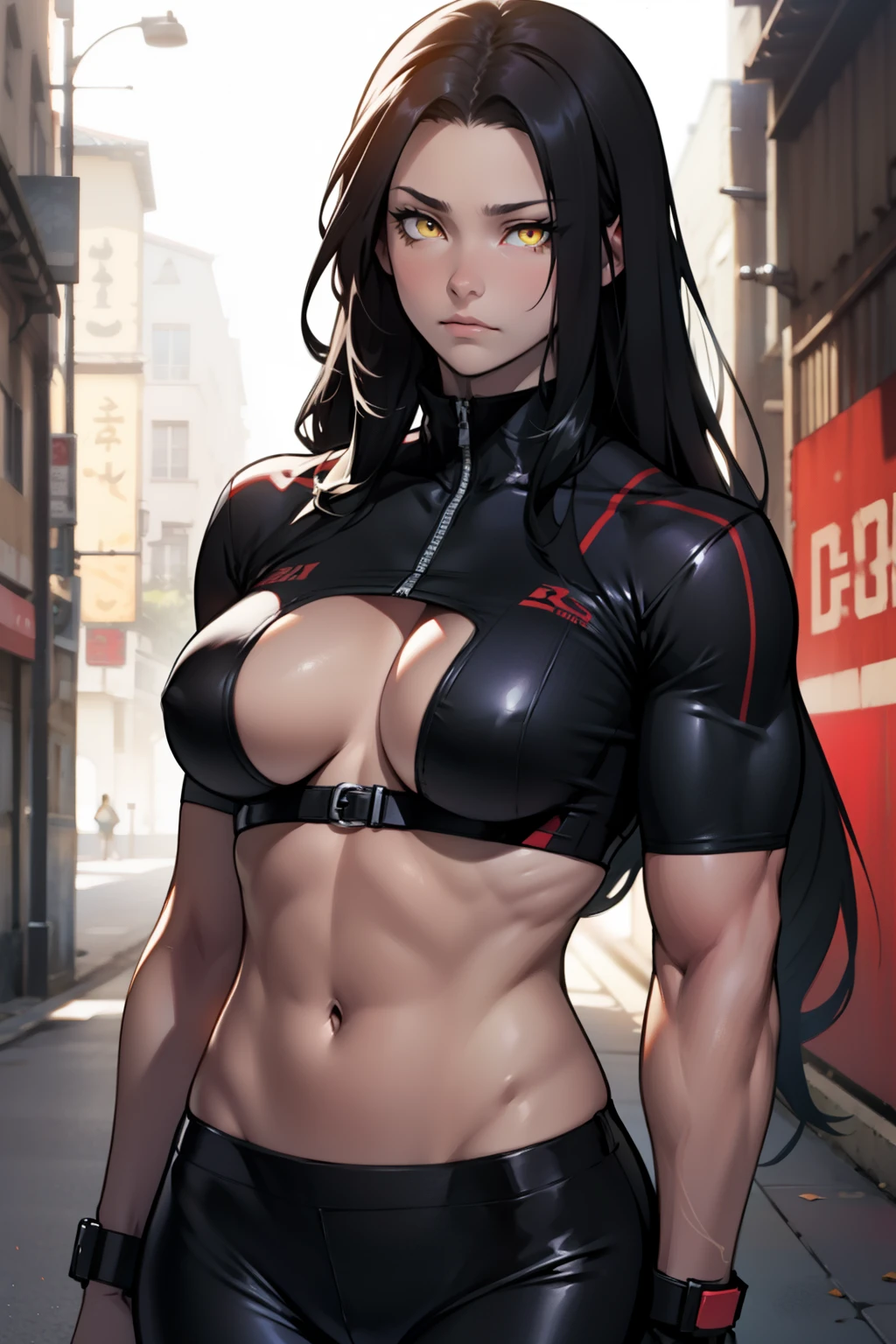 extremely long hair muscular girl toned body large breasts pale skin black hair yellow eyes sad