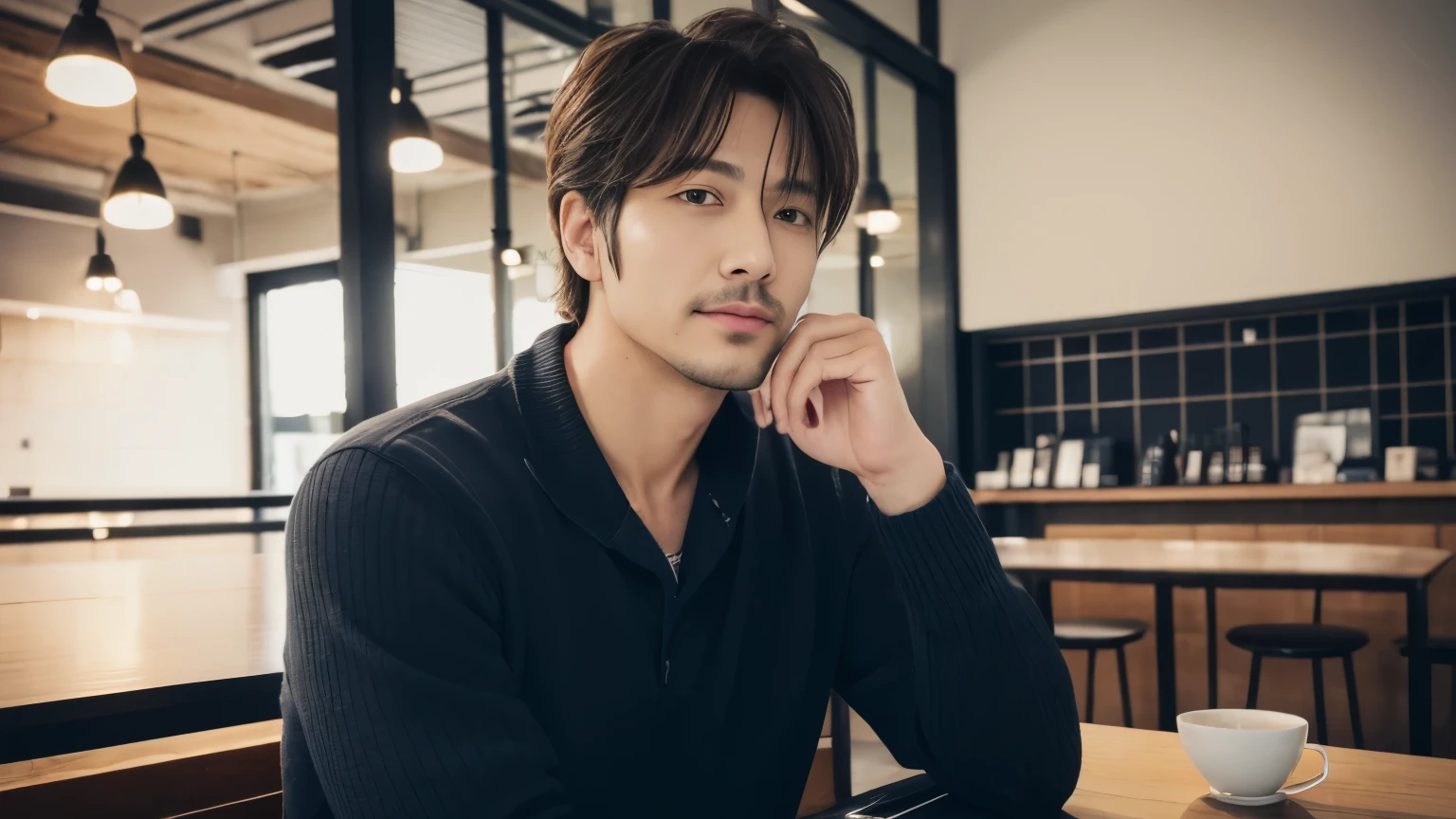 musician、Refreshingly handsome man in his 40s、(Super cool S-class guy)、Japanese Male, 40 years old、、Photographed inside the cafe、a handsome guy、(CG Unity 8K high resolution photo)、(Very detailedSA handsome guy in class)、(Realistic)、(highest quality))、Very detailed、super high quality、expensive、audience、kind person、Very beautiful hair Perm Hair、Bright photo、Handsome like a model、Handsome like an idol、Looking at the camera、inside a stylish cafe、Stubble