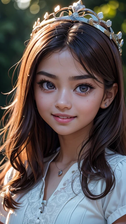 (8k, RAW photo, best quality, masterpiece:1.2), (realistic, photo-realistic:1.37), ultra-detailed, ultra high res, twtzuyu, 1 girl, 8 , baby face at viewer,smile, ((wear crown on head)), queen, beautiful detailed eyes, (floating hair), detailed clothes, skin texture, cinematic lighting, professional lighting,