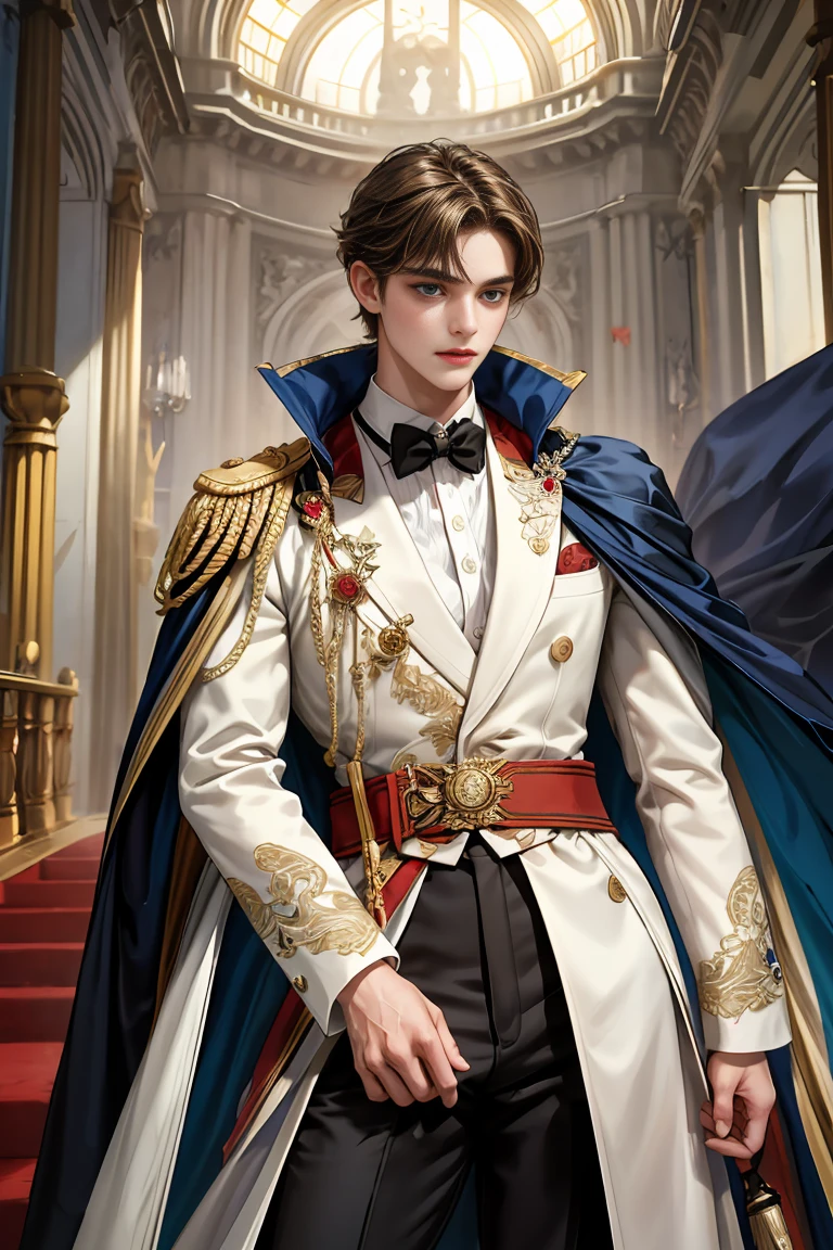 
masterpiece, 最high quality, high quality, 1 boy, alone, Male focus, Watching the audience,  Messy brown hair, Adorable big blue eyes, White, Noble, Noble, Beautiful tailcoat、A very voluminous, large, very large, very large, long, long red and black cape with a high stand-up collar, made of a lot of fabric that reaches down to the floor., ************,Cute beautiful boys,Cute, cute, kind, handsome guy