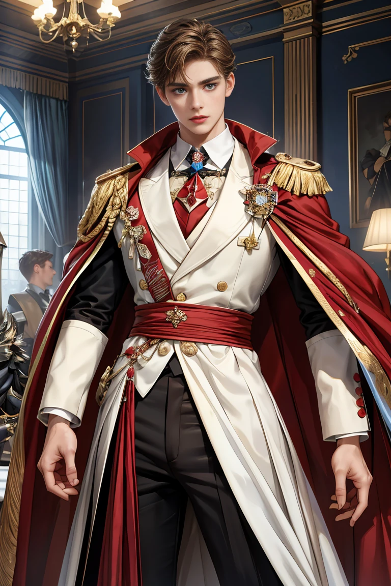 
masterpiece, 最high quality, high quality, 1 boy, alone, Male focus, Watching the audience,  Messy brown hair, Adorable big blue eyes, White, Noble, Noble, Beautiful tailcoat、A very voluminous, large, very large, very large, long, long red and black cape with a high stand-up collar, made of a lot of fabric that reaches down to the floor., ,Cute beautiful boys,Cute, cute, kind, handsome guy