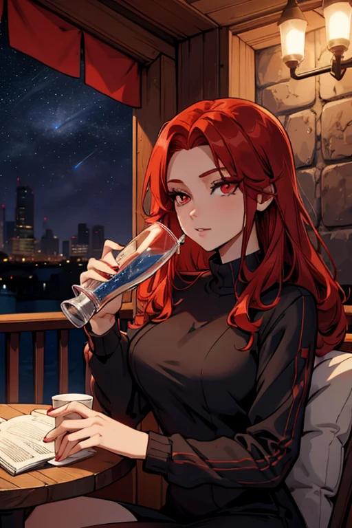 A red haired woman with red eyes with an hour glass figure in a sweatshirt dress is drinking on a balcony underneath a starry sky