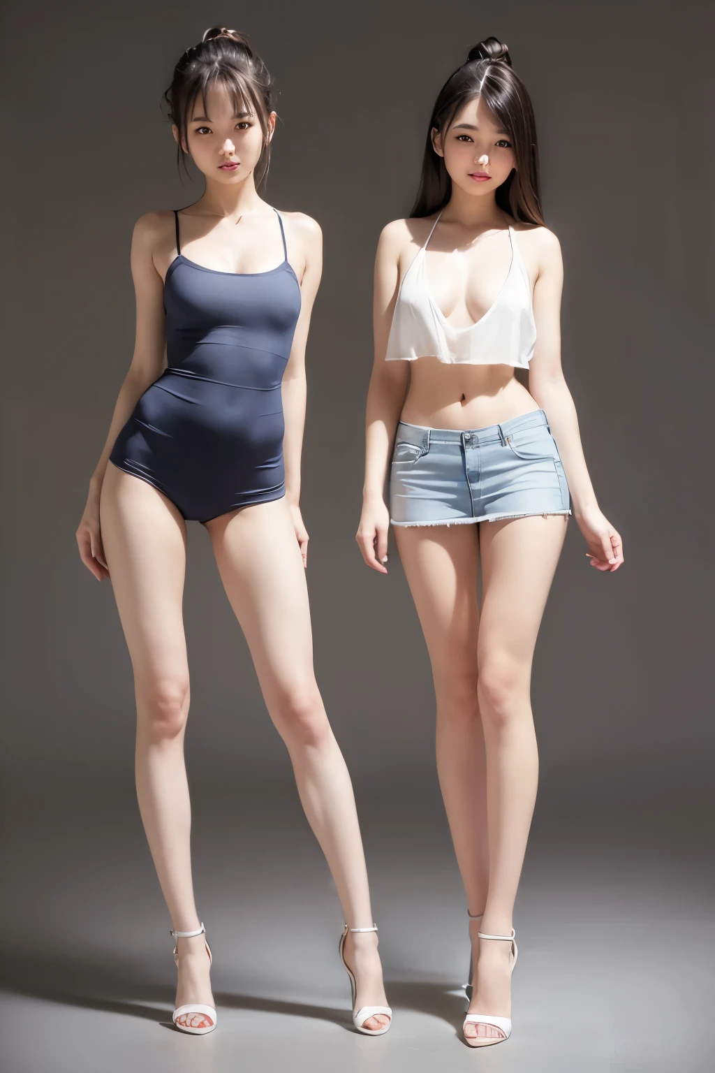 (highest quality, HD masterpiece: 1.3), concentrated: 1.2, (Two beautiful women with perfect bodies): 1.2, Narrow waist: 1.2, Hips: 1.2, (( Fashion short straight distribution: 1.5, Big breasts and beautiful boobs: 1.2)), (Wet clothes: 1.1) , (rain, street:1.3),(White sleeveless): 1.1, ( Denim short skirt, Open the navel, 完璧なThin thighs: 1.2), Highly detailed face and skin texture,((整ったeye)),A neat nose, fine eye, double eyelid, White skin, smile: 1.2, happiness: 1.2, teeth, tongue, eye, Lip gloss, Ultra-Realistic Details, Wide Lighting, Natural Shadows, Photograph the whole body: 1.8，Ultra slim，Long legore than halfway down the leg))，(Small Hips)，Thin legs，long thighs，(Thin thighs)，quite muscular body，Super toned waist，(Six-pack)，Narrow waist，White high heels，(barefoot)，tall，Slender model body shape，Attention posture，((High exposure))，lengthen limbs，((Inseam is more than half of the total))，(Standing pose with legs together)，Stand with your shoes together，Height: 175cm，tall，high school girl，15-year-old student,I can see your chest,Round eyes，(Beautiful nose)，((Attention posture))，Facing forward，((Extraordinary leg length))，Long hands，Thin hands，Crisp body shape，Standing still，information