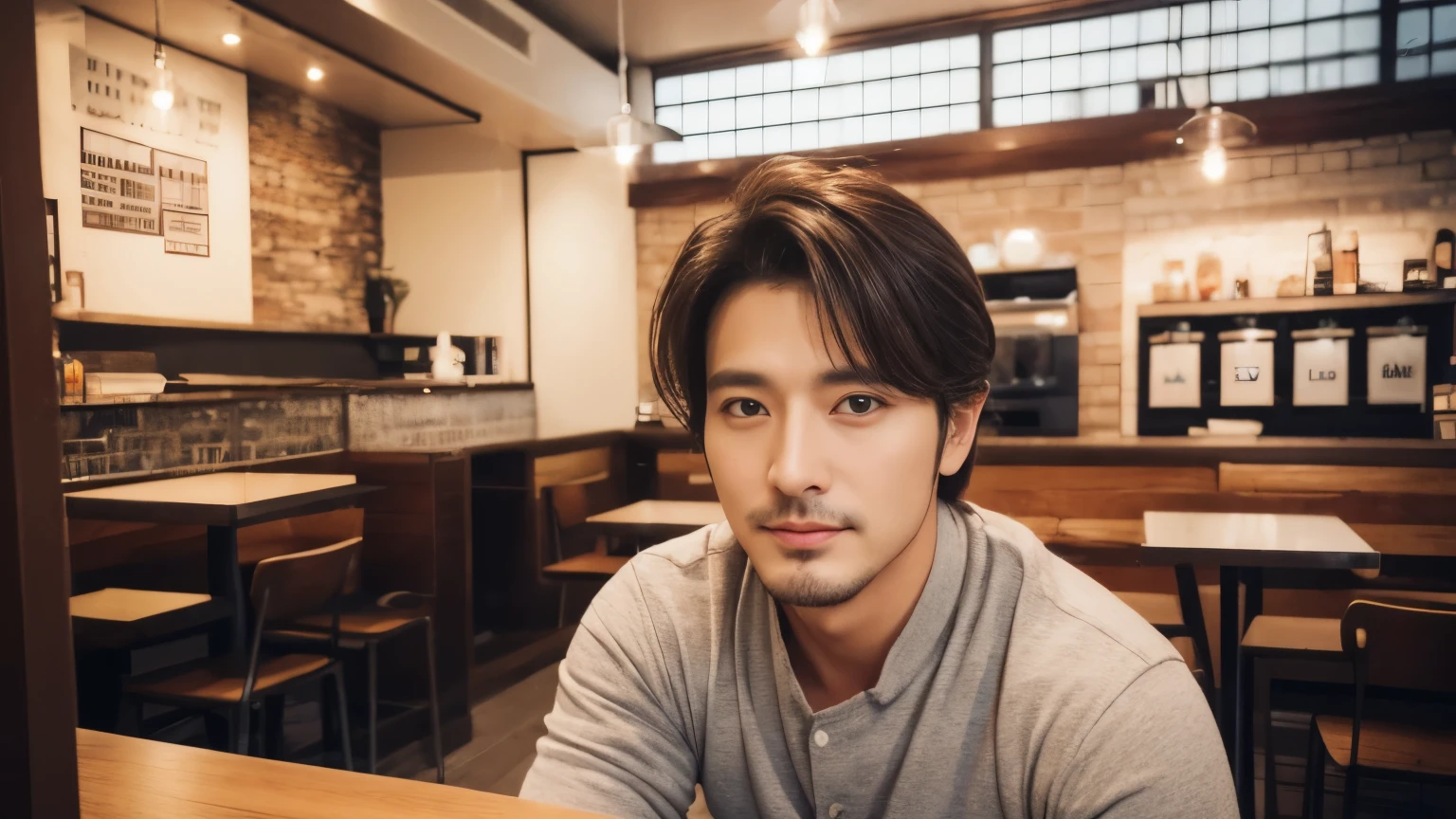 musician、Refreshingly handsome man in his 40s、(Super cool S-class guy)、Japanese Male, 40 years old、、Photographed inside the cafe、a handsome guy、(CG Unity 8K high resolution photo)、(Very detailedSA handsome guy in class)、(Realistic)、(highest quality))、Very detailed、super high quality、expensive、audience、kind person、Very beautiful hair Perm Hair、Bright photo、Handsome like a model、Handsome like an idol、Looking at the camera、inside a stylish cafe、Stubble
