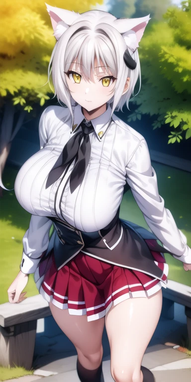 koneko, 1girl, solo, breasts, looking at viewer, smile, short hair, bangs, skirt, shirt, hair ornament, long sleeves, animal ears, hair between eyes, standing, full body, (yellow eyes:1.2), white shirt, white hair, pleated skirt, collared shirt, cat ears, kneehighs, red skirt, loafers, (hair ornament:1.1), neckerchief, black neckerchief, black corset, (huge breasts:1.3), ((gigantic sagging breasts, gigantic breasts, sagging breasts)),(saggy tits:1.1),(sagging breast:1.1), outdoors, park, tree, grass, (masterpiece:1.2), best quality, high resolution, unity 8k wallpaper,  (beautiful detailed eyes:1.2), extremely detailed face, perfect lighting, extremely detailed CG, (perfect hands, perfect anatomy),  