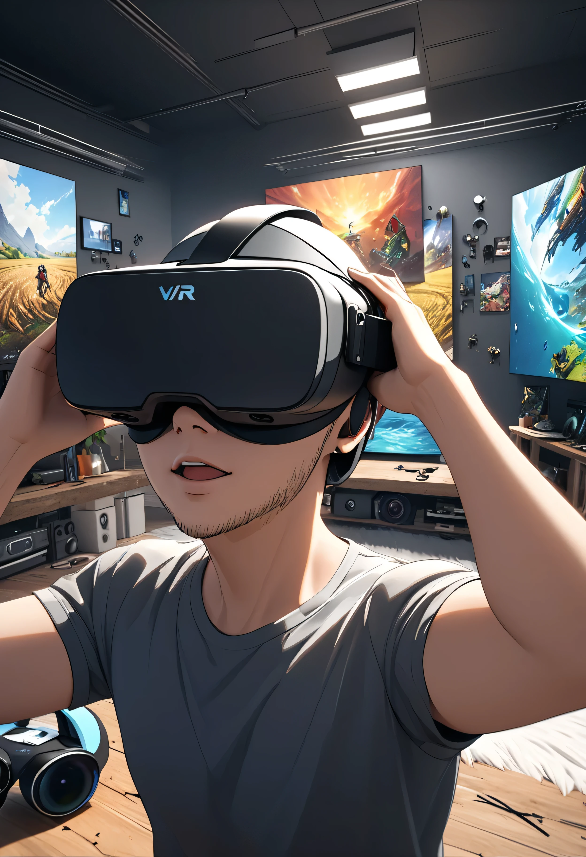 pintura de um homem usando um fone de ouvido de realidade virtual, 3 d ar vr artes, Deeper into the agribusiness metaverse let's go, Arte Digital 4K, 3d Arte Digital 4K, Arte Digital 4K, Arte Digital 4K, Pintura Digital 4K, Realidade virtual, sketch of oculus rift, Arte digital detalhada em 4k, Arte Digital Widescreen 8K, realidade digital
