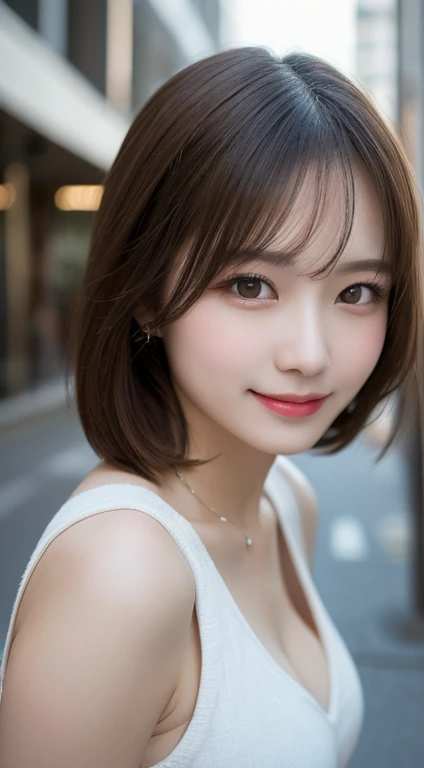 Tabletop, highest quality, figure, Very detailed, In detail, High resolution, 8k wallpaper, Perfect dynamic composition, Beautiful fine details,Beautiful breasts,Medium Hair, Center of chest, Natural color lip, Random sexy poses,smile,Aoyama Street Walk、20-year-old girl