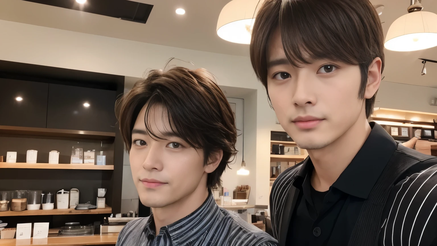 musician、Refreshingly handsome man in his 40s、（Super cool S-class guy）、Japanese Male, 40 years old、、Photographed inside the cafe、a handsome guy、（CG Unity 8K high resolution photo）、（Very detailedＳA handsome guy in class）、（Realistic）、（highest quality））、Very detailed、super high quality、expensive、audience、kind person、Very beautiful hair　Perm Hair、Bright photo、Handsome like a model、Handsome like an idol、Looking at the camera、inside a stylish cafe、Stubble