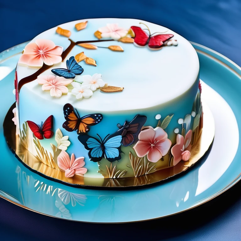 (A 1/4 cut crystal cake on a crystal clear blue bone china plate), crystal cake, semi transparent cream cake, with soft brown and light yellow tones, delicately placed on a beautiful plate. The cake roll is decorated with beautiful butterflies, cherry blossoms, hibiscus flowers, maple trees, strawberries, autumn leaves, and squirrels, (ice cream in liquid: 1.2), rococo, reminiscent of a Chinese landscape painting,
The dark background, high-definition, and surreal visual effects are almost 8K quality The fluffy and lightweight texture of the cake complements the unique and complex patterns, with a soft watercolor effect that evokes natural beauty