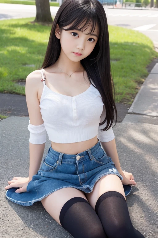 8k,Japanese,,Childish,Innocent face,Innocent look,Teenage Girte,spring-like clothes,Spring weather,Casual wear,Black Hair,Riverside Park,Sitting,Thighs,Décolletage、Absolute area、Thighsの付け根、Chest、Knee-high socks、Her belly button is visible、I can see your tummy