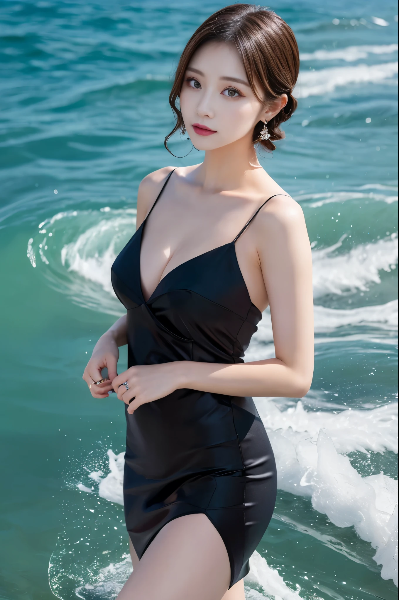highest quality,masterpiece,Ultra-high resolution,(Actual:1.4),Original photo,Ultra-high resolution,8k,There are women,Fair skin,Exquisite makeup,Big waves,Black Dress,High heels,Long legs,Bright and beautiful,Flashy makeup using red eyeshadow,big ring earrings,