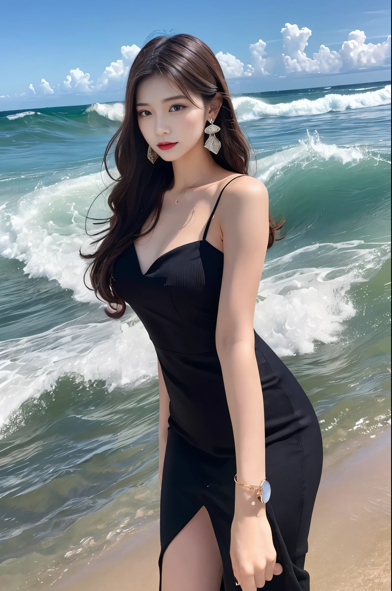 highest quality,masterpiece,Ultra-high resolution,(Actual:1.4),Original photo,Ultra-high resolution，8k，There are women，Fair skin，Exquisite makeup，Big waves，Black Dress，High heels，Long legs，Bright and beautiful，Flashy makeup using red eyeshadow，big ring earrings，