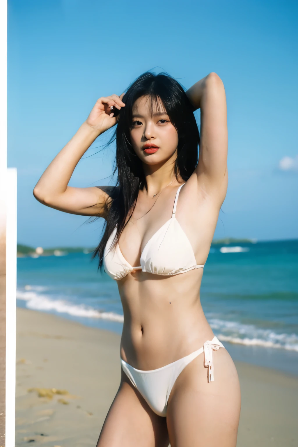 (best quality:1.4), (ultra highres:1.2), (photorealistic:1.4), depth of field, best quality, masterpiece, wearing white bikini, ultra high res, (photorealistic:1.3), 8K, raw photo, big breast, armpit show off, 1girl, natural skin texture, , leg detailed, full shot body, white BIKINI, wearing leather, natural skin texture, dynamic pose, film grain, background at beach,, look at cam, long black hair, FULL shot portrait, gemma chen