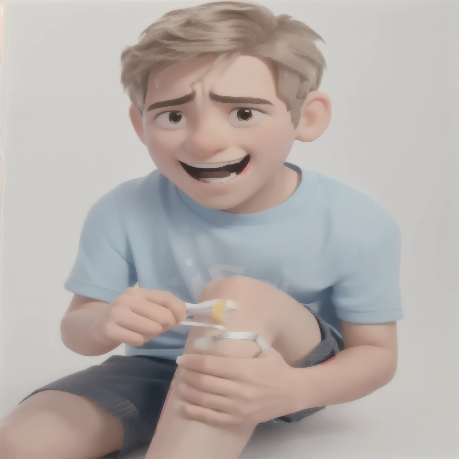 arafed boy sitting on the floor with a curativo on his knee, curativo taped fists, curativos, covered in curativos, garoto chamado dedo, lindo band-aid no nariz!!, curativo, curativo on arms, white curativo tape on fists, levemente cicatrizada em seu rosto, foto comercial de brinquedo, with a hurt expression