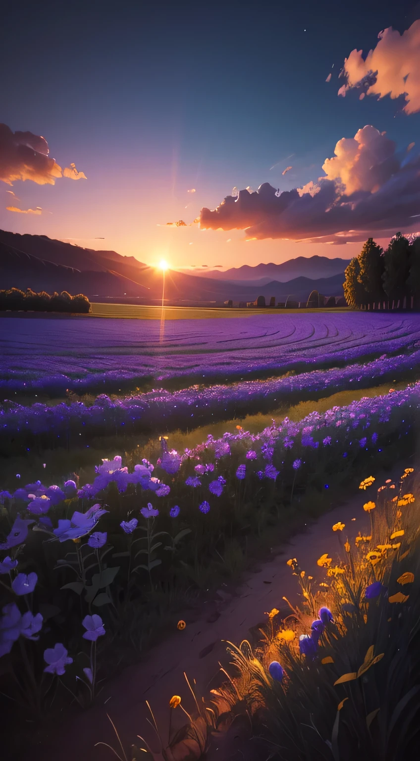 Ultra-realistic 8k images, blue flower field, night, Beautiful sunset, colorful details, Beautiful and real clouds
