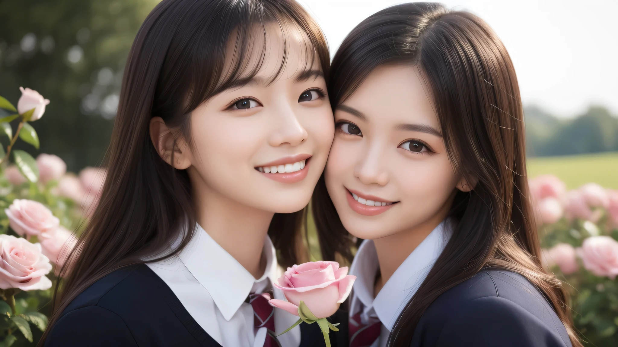 (2girl), bob hair, refreshing smiles, (high school uniform), (Best Quality:1.4), Realistic, extremely detailed CG unified 8k wallpaper, highly detailed, High-definition raw color photos, professional photography, Realistic portrait, Beautiful detailed, (Fine face:1.2), Close up portrait of girl, Outdoors, Beautiful scenery, clear skies, (pink Rose flowers, rose garden, lots of pink roses:1.2)