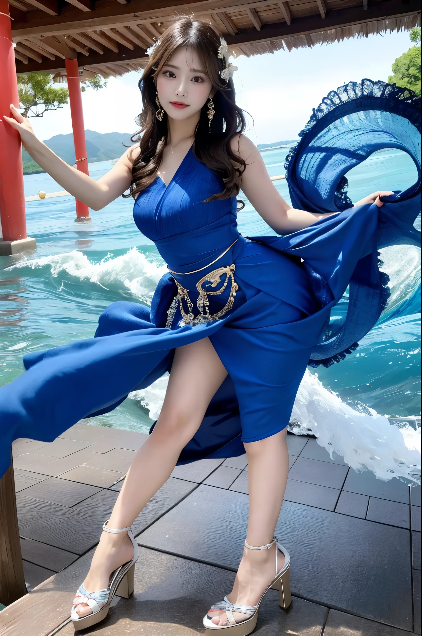 highest quality,masterpiece,Ultra-high resolution,(Actual:1.4),Original photo,Ultra-high resolution,8k,There are women,Japanese、Fair skin,Exquisite makeup,Big wave of the heart,Blue clothes,High heels,Long legs,Bright and beautiful
