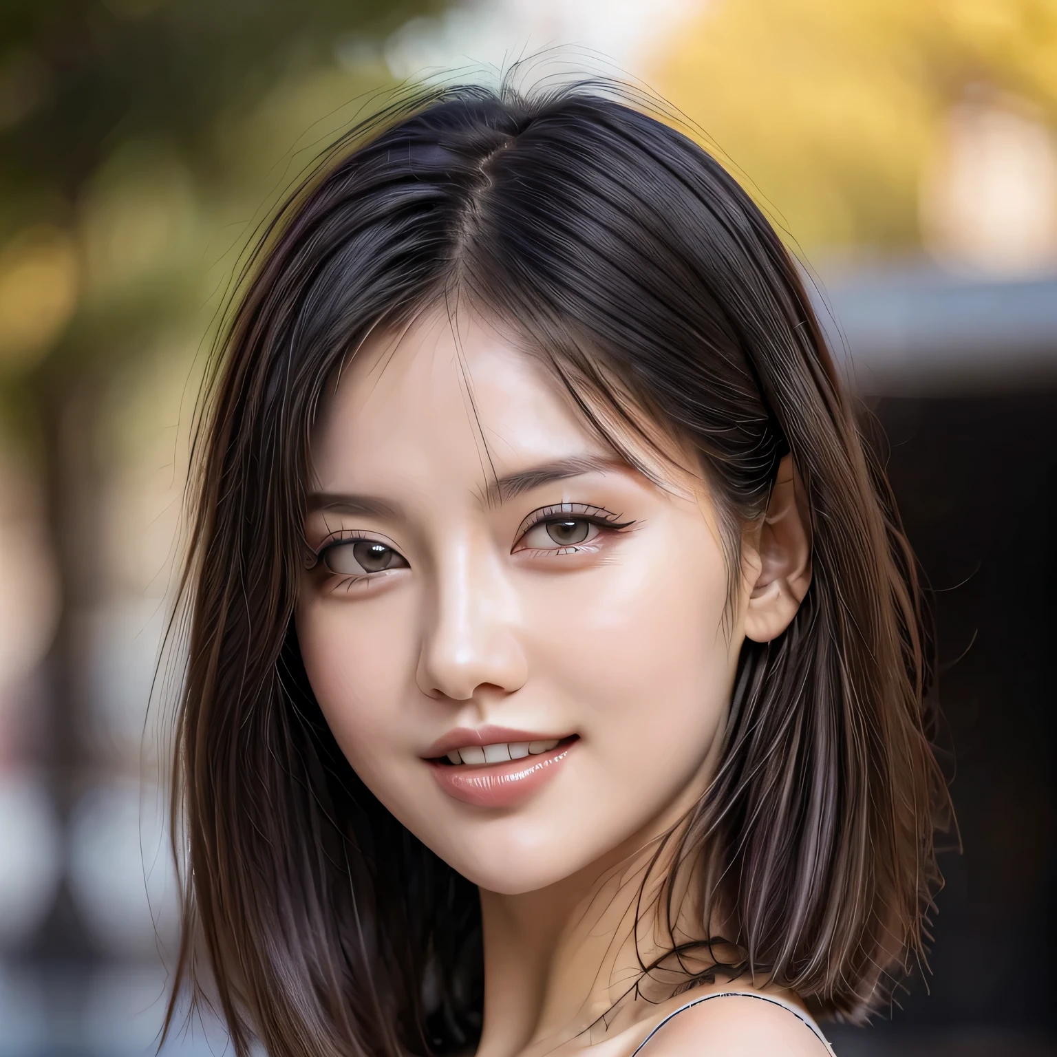 (8k, RAW Photos, highest quality, masterpiece, Realistic, Realistic), (1 female), (Ultimate beauty), Highly detailed face, (Perfect Teeth), Beautiful Eyes, double eyelid, eyelash, smile, Lip details, (Neat brunette bob), The light shines on your face, Big Breasts, ((Colorful mini dresses)), (front view), (background: none),  Background blur