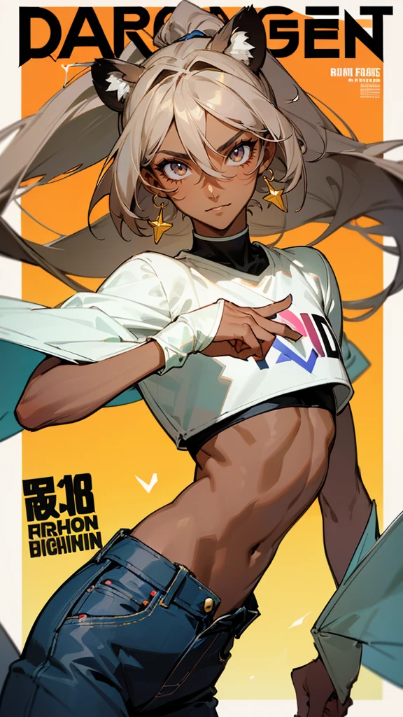 ((Beautiful man:1)) , ((Dark skin:1.5)) , ((long hair)) , ((brown hair)) , ((male:1.4)) , full lips , light silver eyes , voluminous hair,((has tiger ears:1)), ((Skinny build)) ,effeminate , ((has a center part in hair:1)), full long eyelashes,((straight hair:1.3)) , ((crop top:1.2)), hair in a ponytail, Bishounen, possess delicate and androgynous features, age 33,

Solo, sfw, cap, shorts, jacket, (Magazine cover-style illustration of a fashionable character in vibrant outfit posing in front of a colorful and dynamic background. They have a confident expression and is striking a pose. The text on the cover should be bold and attention-grabbing, with the title of the magazine and a catchy headline. The overall style should be modern and trendy, with a focus on fashion and lifestyle), wallpaper, crowds, fashion, contrapposto, model, cool  

(masterpiece, best quality )detailed, 1Character ,  pastel washed out colors , cell shade , soft, muted shades ,gentle colors ,