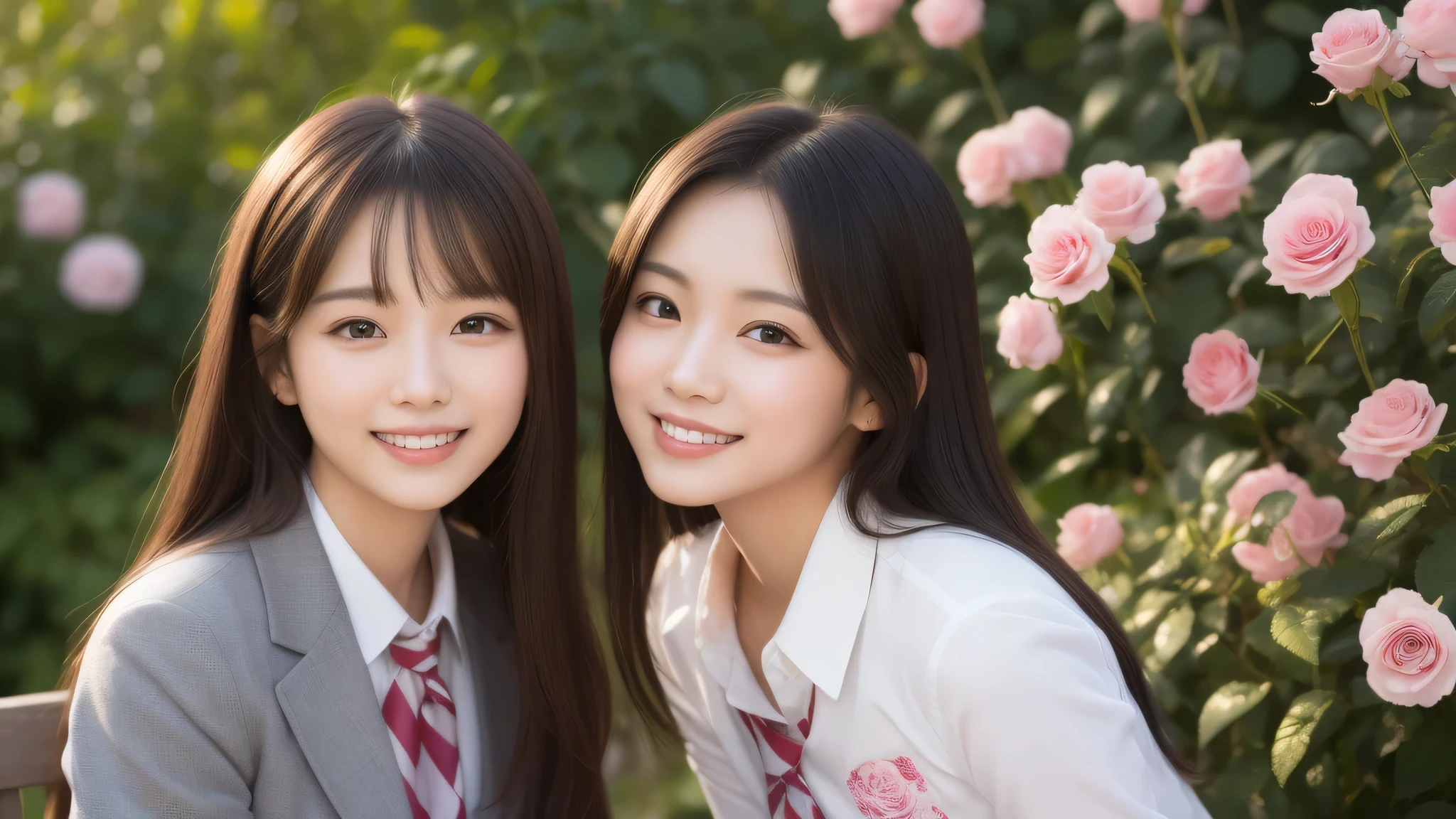 (2girl), bob hair, refreshing smiles, (high school uniform), (Best Quality:1.4), Realistic, extremely detailed CG unified 8k wallpaper, highly detailed, High-definition raw color photos, professional photography, Realistic portrait, Beautiful detailed, (Fine face:1.2), Close up portrait of girl, Outdoors, Beautiful scenery, clear skies, (pink Rose flowers, rose garden, lots of pink roses:1.2)