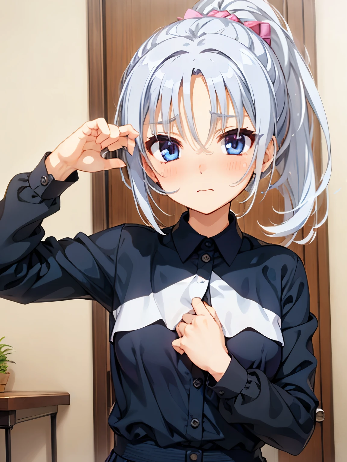 NSFW,Tomotake Yoshino,Long Hair、Gray Hair、High Ponytail、Hair Intake、hair ornaments、Parted bangs、blue eyes,Embarrassed,blush,In heat,A wistful look,(Perfect hands),(Perfect Anatomy),(masterpiece),(highest quality),Luxury Room