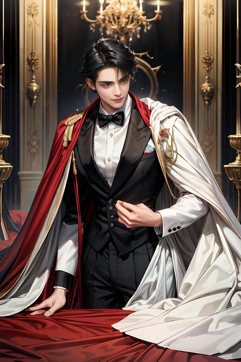 masterpiece, 最high quality, high quality, 1 boy, alone, Male focus, Watching the audience, Messy black hair, Adorable big blue eyes, White, Noble, Noble, Tuxedo、A very voluminous, large, very large, very large, long, long red and black cape with a high stand-up collar, reaching down to the floor, made of a lot of fabric., 17 years old,Cute beautiful boys,Cute, cute, gentle smiling handsome man