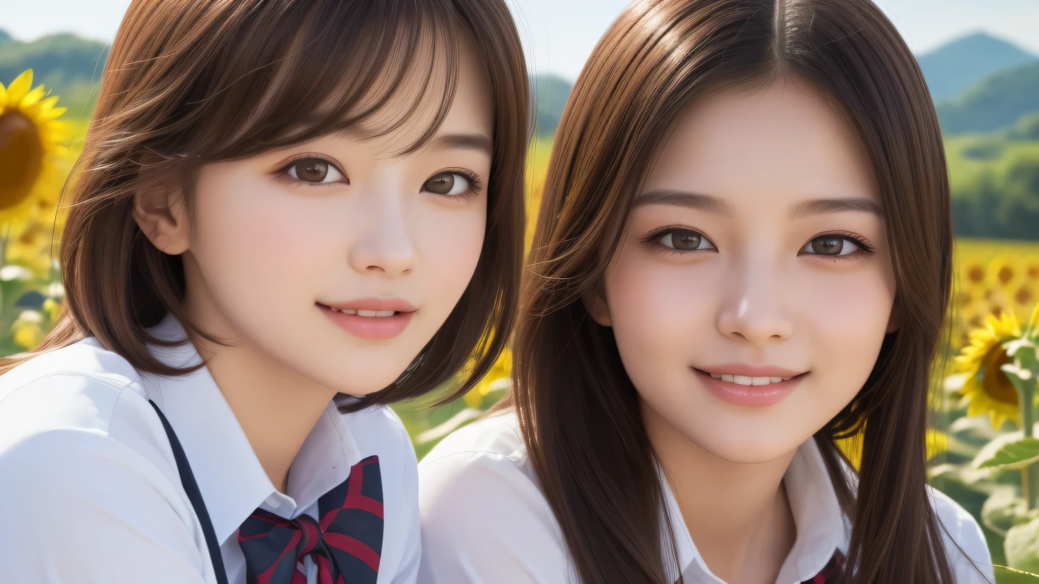 (2girl), bob hair, refreshing smiles, (high school uniform), (Best Quality:1.4), Realistic, extremely detailed CG unified 8k wallpaper, highly detailed, High-definition raw color photos, professional photography, Realistic portrait, Beautiful detailed, (Fine face:1.2), Close up portrait of girl, Outdoors, Beautiful scenery, clear skies, (sunflower:1.2)