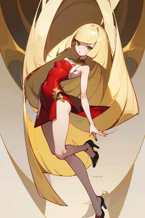 ((highest quality)), ((masterpiece)), (Familiar), Lusamine,thin,thin,Long blonde hair,Small breasts,Erect nipples,Adult female,Green Eyes,Slanted Eyes,Sleeveless dress,Red dress,Gold embroidery,High heels,Fascinating