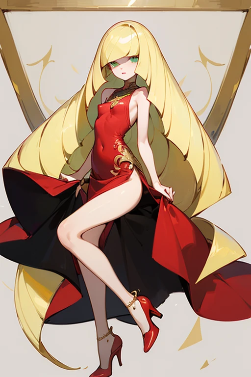 ((highest quality)), ((masterpiece)), (Familiar), Lusamine,thin,thin,Long blonde hair,Small breasts,Erect nipples,Adult female,Green Eyes,Slanted Eyes,Sleeveless dress,Red dress,Gold embroidery,High heels,Fascinating
